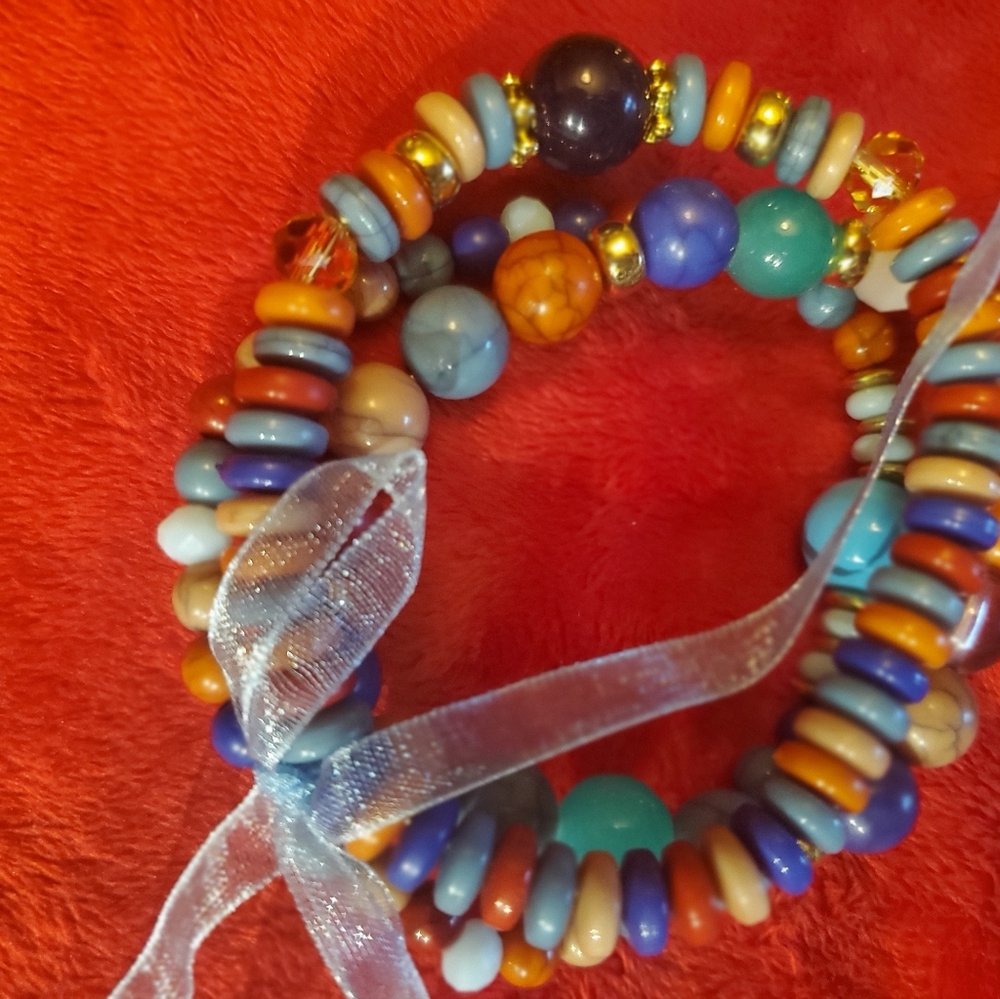 Three Beaded Bracelets . Stretch Bangle Style Art… - image 1